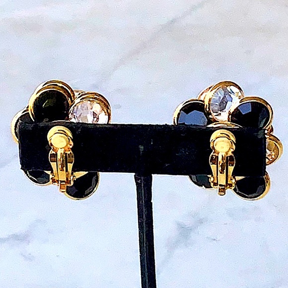 SWAROVSKI EARRINGS CLEAR & BLACK FACETED CRYSTAL GOLD MARKED SWAN CLIP VINTAGE - Picture 10 of 14